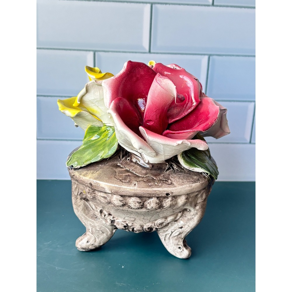 Vintage Capodimonte Italian Porcelain Rose Floral Centerpiece Footed Base Italy
